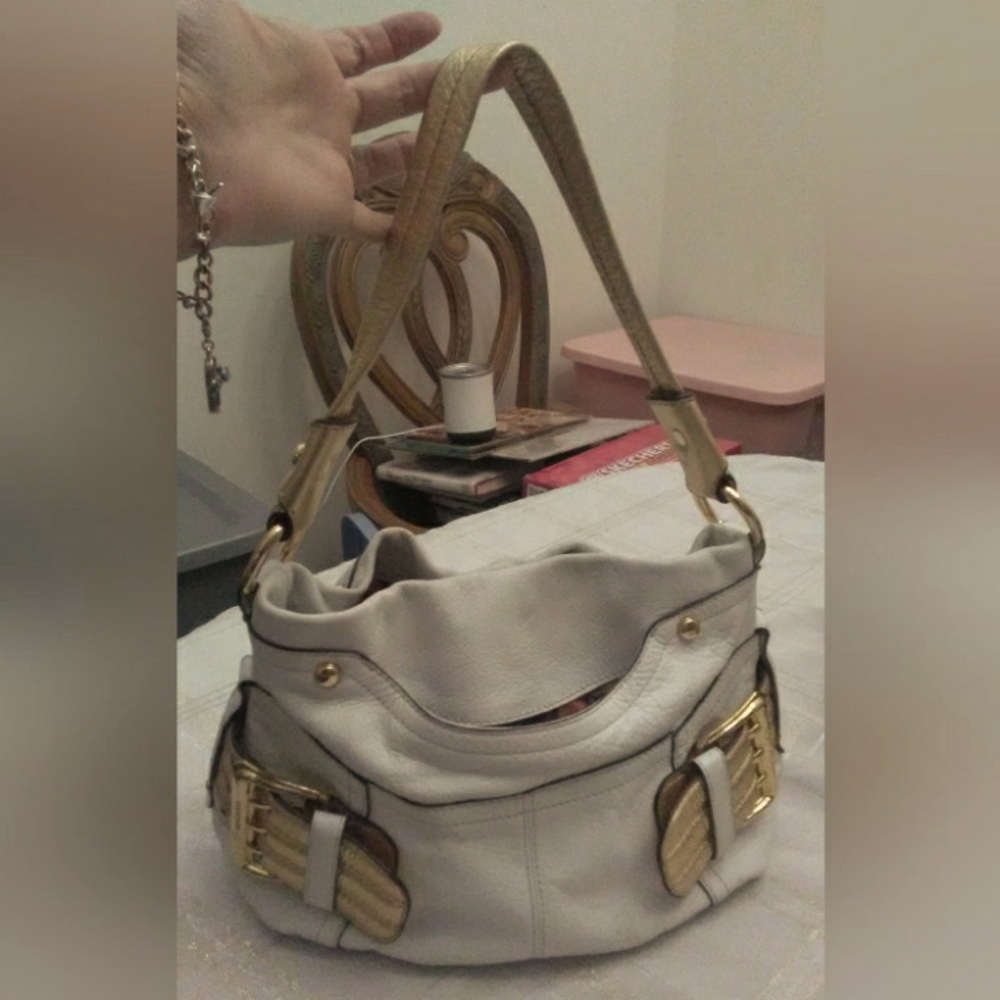 VINTAGE B. MAKOWSKI LEATHER HOBO BAG CREAM W/ GOLD BUCKLES & TRIM GORGEOUS